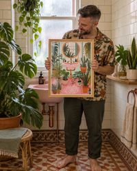 Lifestyle: bathroom — Victorian red-brick terrace in inner Leeds, narrow back bedroom converted to a bathroom, original cast-iron fireplace removed but hearth recess tiled, bold and eclectic personal style.