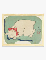 Playful Cat with Red Ribbon – Hiroshige Art Print Oak