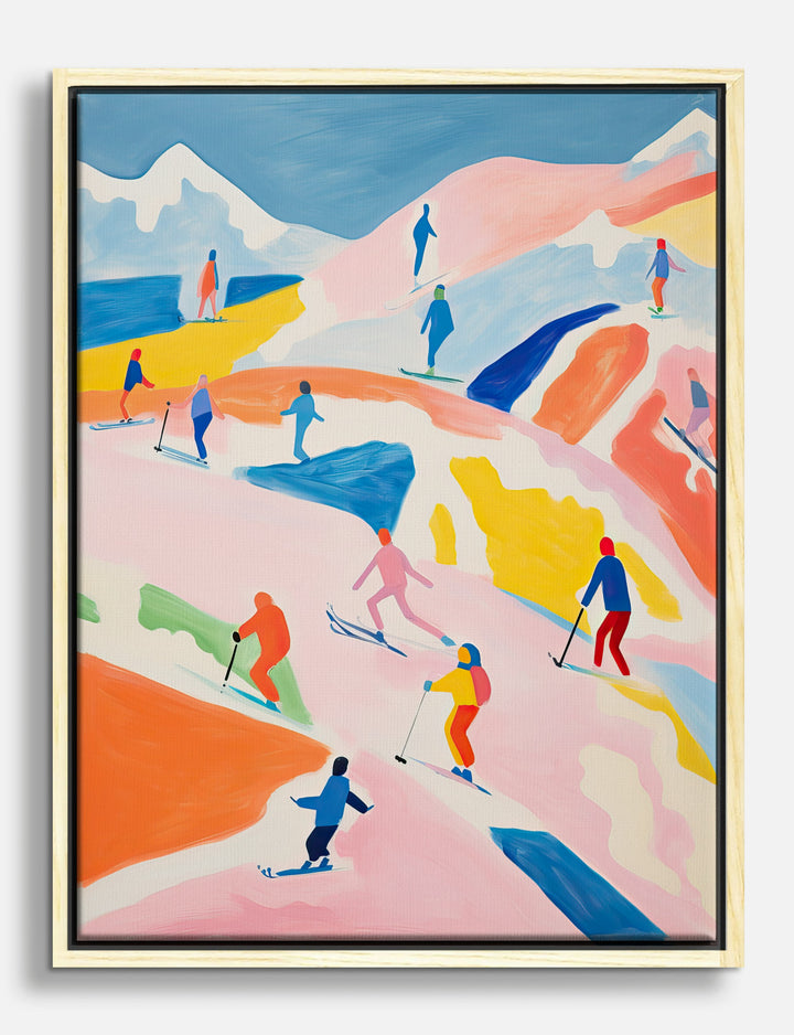 Vibrant Skiers Painting Canvas Print Oak