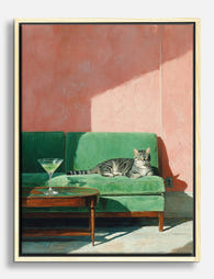 Sunlit Cat & Green Sofa Canvas Print - Oak