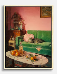 Cozy Cat & Citrus Lounge Canvas Print Oak