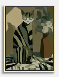 Striped Green Cat Charm Canvas Print Oak