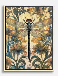 Dragonfly & Wildflowers Vintage Canvas Print Oak