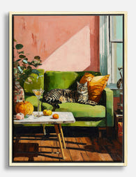 Autumn Lounge with Cat Canvas Print Oak