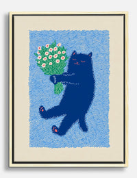 Midnight Cat & Blossoms Canvas Print Oak