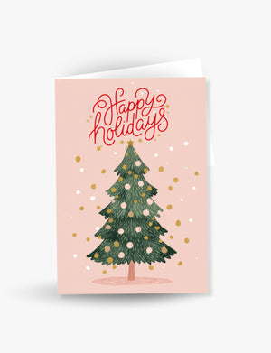Happy Holidays Gold and Pink Tree Card