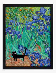 Van Gogh Irises with Cat Art Print - Black