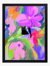 Vibrant Cat Blooms Art Print - Black