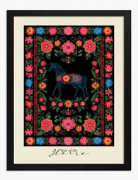 Floral Year of the Horse Art Print Black