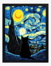 Starry Night Cat by Van Gogh Art Print - Black