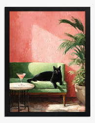 Black Cat & Green Sofa Scene Art Print - Black