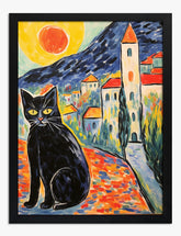 Black Cat in Sunlit Village Art Print - Black