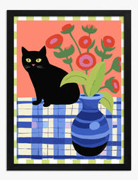 Charming Cat & Blooms Art Print - Black