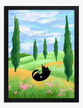 Whimsical Cat Meadow Art Print - Black
