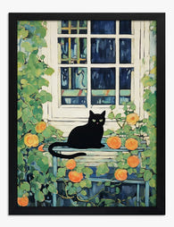 Klimt Garden Cat Window Art Print - Black
