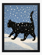 Midnight Cat in Snowfall Art Print - Black