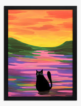 Enchanted Cat Sunset Art Print - Black