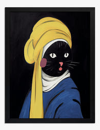 Vermeer Cat with Yellow Turban Art Print - Black