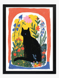 Midnight Garden Cat Art Print - Black