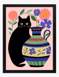 Charming Cat & Floral Delight Art Print - Black