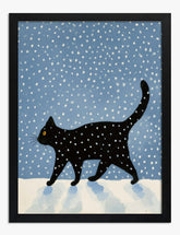 Midnight Cat in Snowfall Art Print - Black