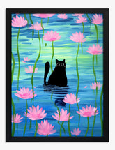 Mystical Cat in Bloom Art Print - Black