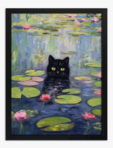 Monets Cat in Waterlilies Art Print - Black