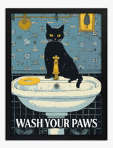 Cat in the Sink: Wash Up Art Print - Black