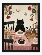 Cat Café Gathering Art Print - Black