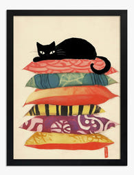 Cat Nap on Colorful Pillows Art Print - Black