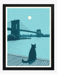 Moonlit Cat in Brooklyn Art Print - Black