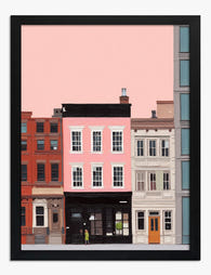 Pink Facade on City Row Art Print - Black