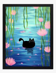 Enchanted Pond Cat Art Print - Black