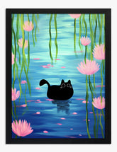 Enchanted Pond Cat Art Print - Black