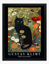 Klimt’s Enchanted Cat Garden Art Print - Black