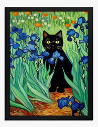 Van Goghs Irises & Cat Art Print Black