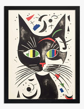 Miro-Inspired Whimsical Cat Art Print - Black