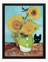 Van Gogh Sunflowers & Cat Art Print - Black