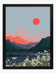 Crimson Sun Over Wildflowers Art Print - Black