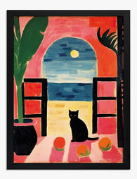 Matisse-Inspired Cat & Lemons Art Print - Black