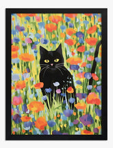 Midnight Cat Among Blooms Art Print - Black
