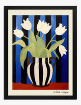 Striped Vase & White Tulips Art Print - Black