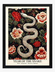 White Serpent & Peonies Art Print Black