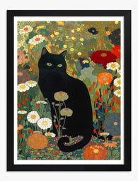 Klimts Garden Cat Art Print Black Frame