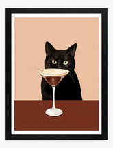 Feline & Martini Delight Art Print Black Frame