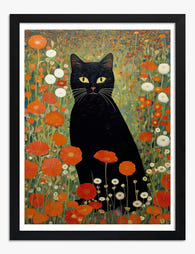 Klimts Floral Feline Art Print Black Frame