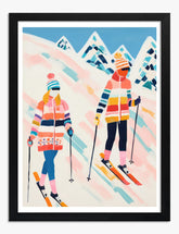 Winter Ski Couple Art Print Black Frame