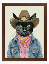 Cowboy Cat in Denim Art Print - Brown