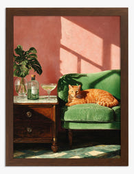 Sunlit Cat & Green Sofa Art Print - Brown