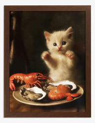 Kitten & Seafood Still Life Art Print Brown